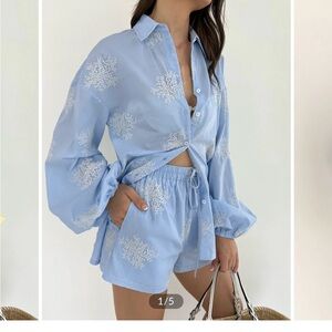 Commense Light Blue Semi Sheet Plant Embroidery Shorts Set